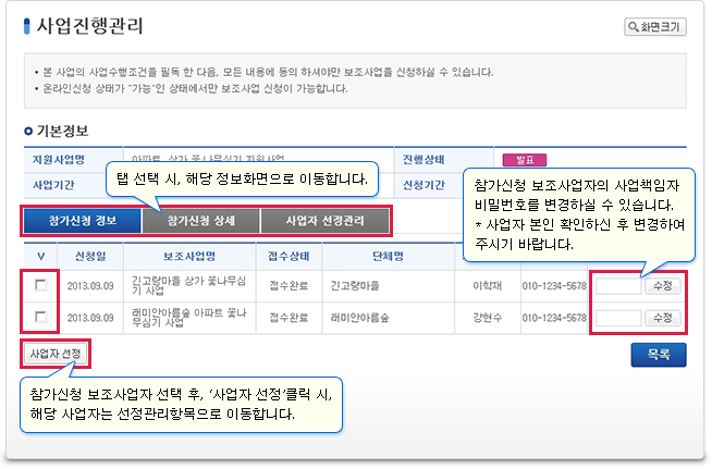 사업진행관리에서는 ‘참가신청 사업자 정보조회’, ‘참가신청 정보조회’, ‘사업자 선정’을 하실 수 있습니다. 참가신청정보에서 사업자 선정 및 참가신청 사업자의 비밀번호를 변경하실 수 있습니다
