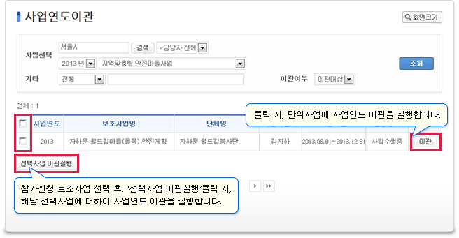 사업연도가 종료된 연차사업의 경우, 사업연도 이관을 통하여 사업연도가 변경 및 기본정보, 비목정보, 사업유형, 보조사업자 정보(선택가능)을 이관하여 지속적 사업진행이 가능합니다