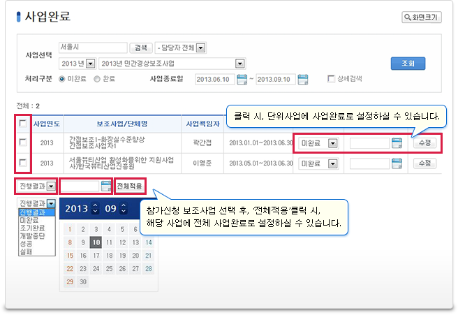 해당 보조사업을 선택 후, 진행결과 변경, 사업종료일 선택 후 수정 또는 전체적용을 선택하시면 사업완료로 변경됩니다.* 사업 완료된 보조사업의 경우, ‘통계 및 모니터링’에서 사업완료사업으로 구분되어 표시됩니다